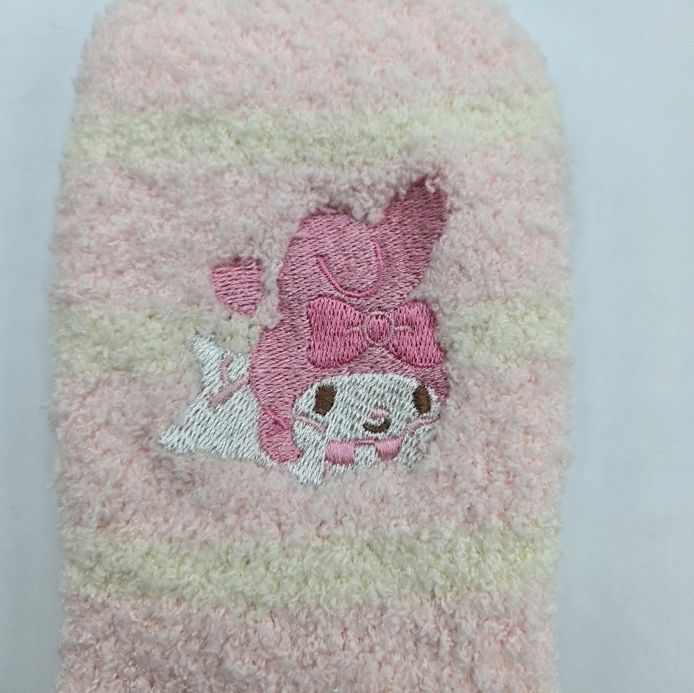 Sanrio My Melody Fuzzy Pink White Striped Cozy Socks - Picture 2 of 5